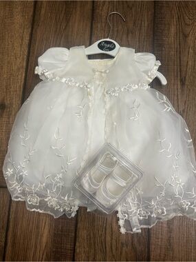 Angels NY White Embroidered Organza Christening Dress with Matching Shoes